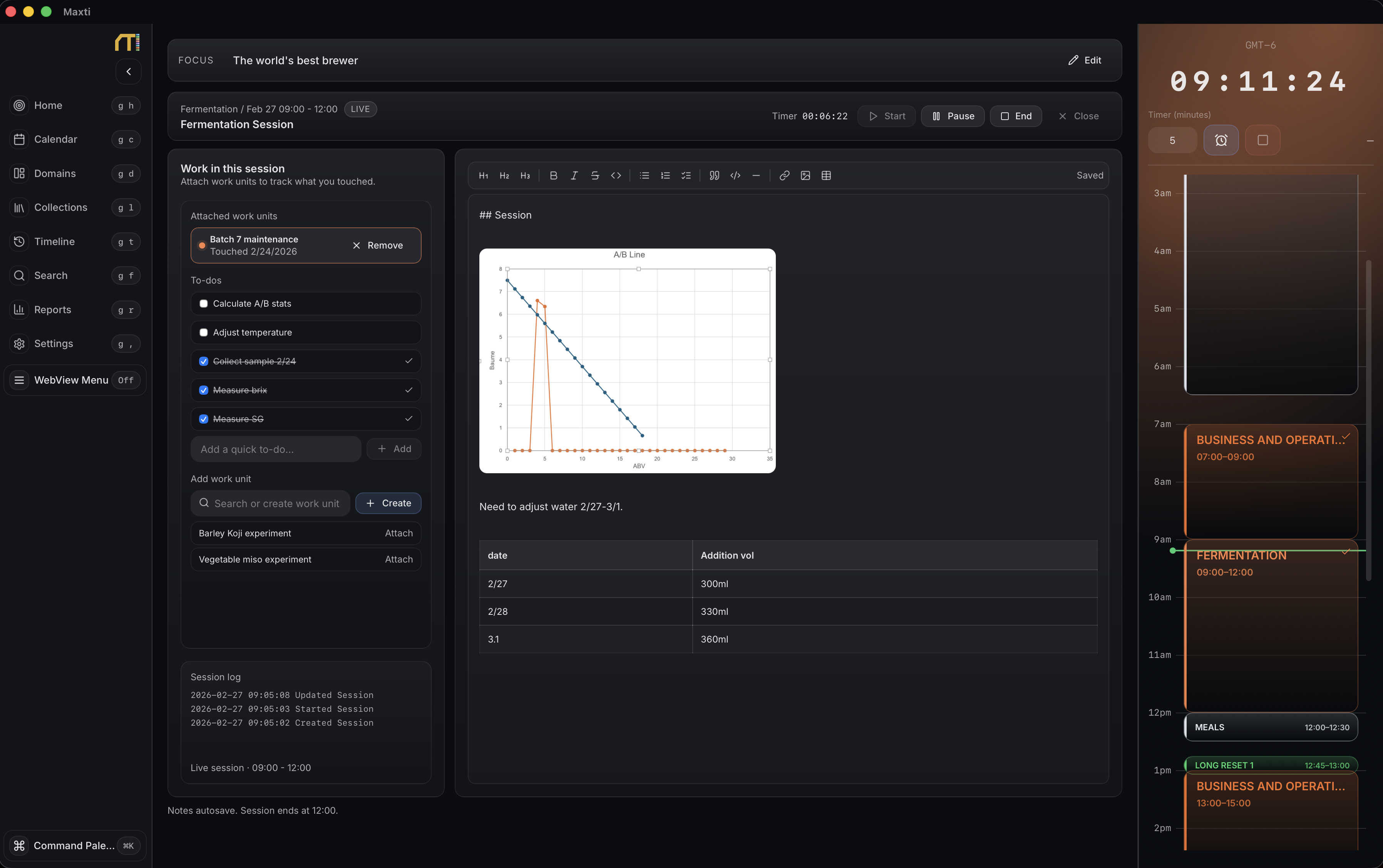 Maxti Session View — logging work sessions honestly