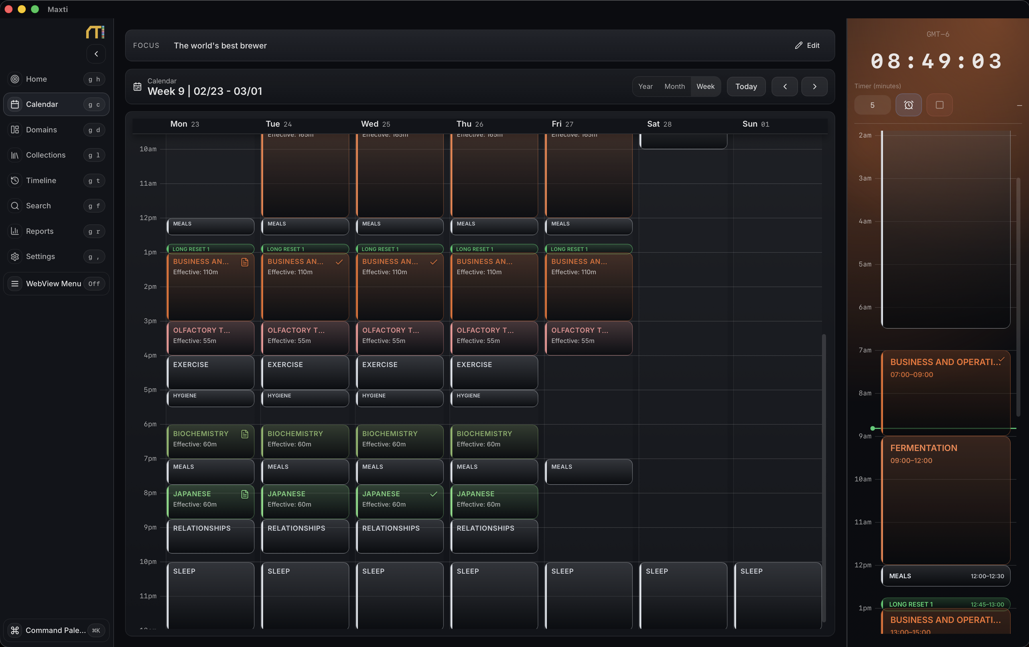 Maxti — weekly calendar view showing sessions across domains